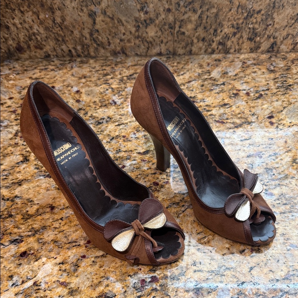 Moschino Brown and Gold Peep-Toe Heels
